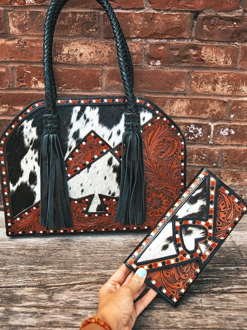 Vegas Rodeo Hand Tooled Cowhide Tote Shoulder Western Bag and Wallet